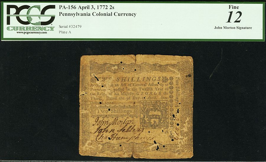 PA-156, Pennsylvania Colony, John Morton Signed  2S, Apr. 3, 1772, 32479, PCGS-12